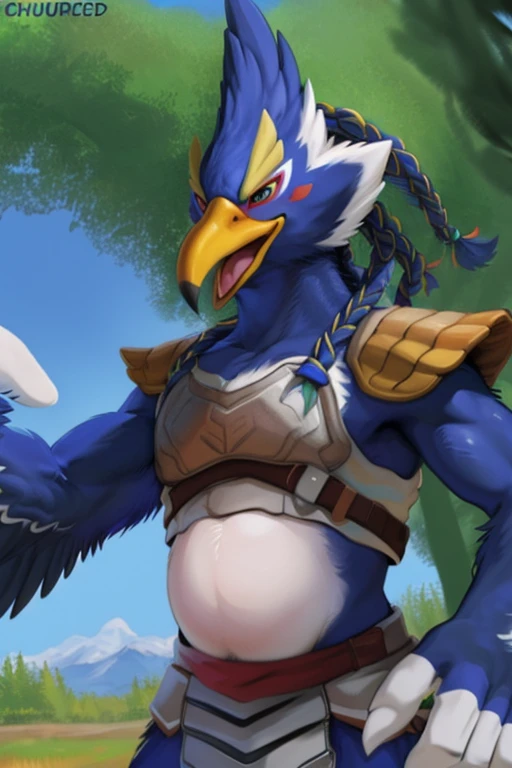 (by spiritd, by negger, by zackary911, by chunie) revali, avian, bird, rito, winged arms, black body, black feathers, beak, chubby, belching mouth open rubbing belly in pleasure, detailed eyes, braids in the hair, bird tail, armor, in the green field,