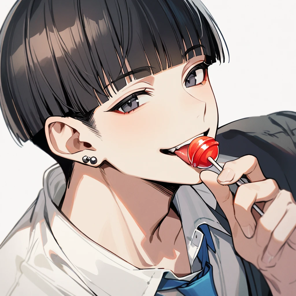 1 man, black hair, straight bangs, bowl cut, piercing, flamboyant, smiling, black eyes, handsome, white shirt, blue tie, sucking a lollipop, holding a lollipop, cute, innocent, tongue, drool
