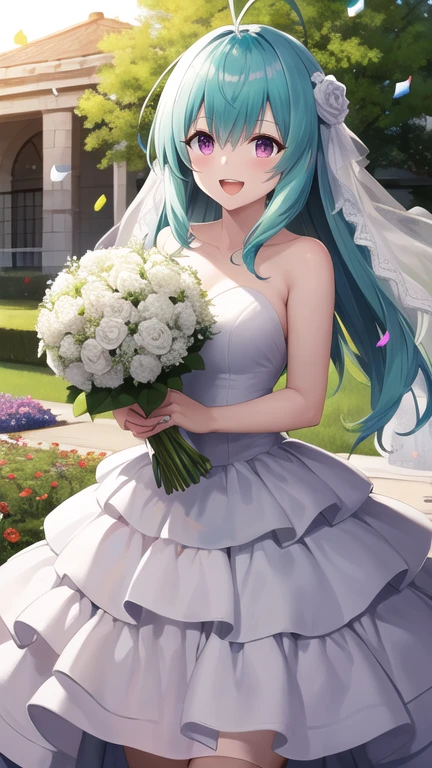 masterpiece, best quality, highres, Run Elsie Jewelria, solo, long hair, antenna hair, purple eyes, wedding dress, white dress, standing, cowboy shot, holding bouquet, smile, open mouth, confetti, garden,