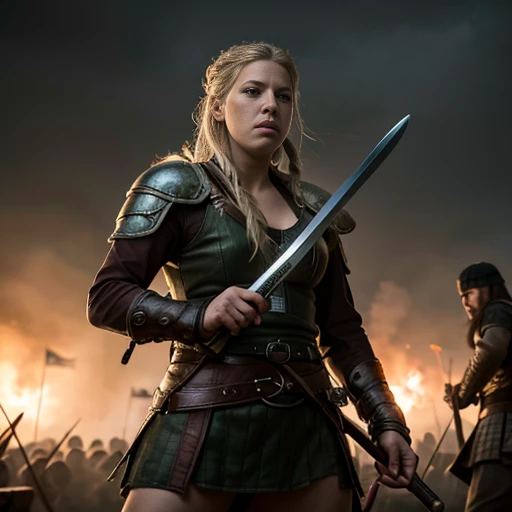 A shieldmaiden Lagertha Lodbrok fights in a big battle against 2 Englishmen with sword and shield,sehr detailliertes Gesicht,schlachtfeld kriegsschauplatz,leichen,Gloomy atmosphere, high quality, detailed, ultra-detailliert, realistic, High Resolution, Meisterwerk, 4k,8k