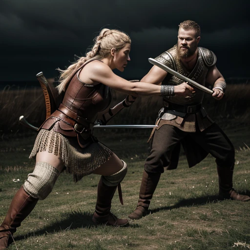 A shieldmaiden Lagertha Lodbrok fights in a big battle against 2 Englishmen with sword and shield,sehr detailliertes Gesicht,schlachtfeld kriegsschauplatz,leichen,Gloomy atmosphere, high quality, detailed, ultra-detailliert, realistic, High Resolution, Meisterwerk, 4k,8k