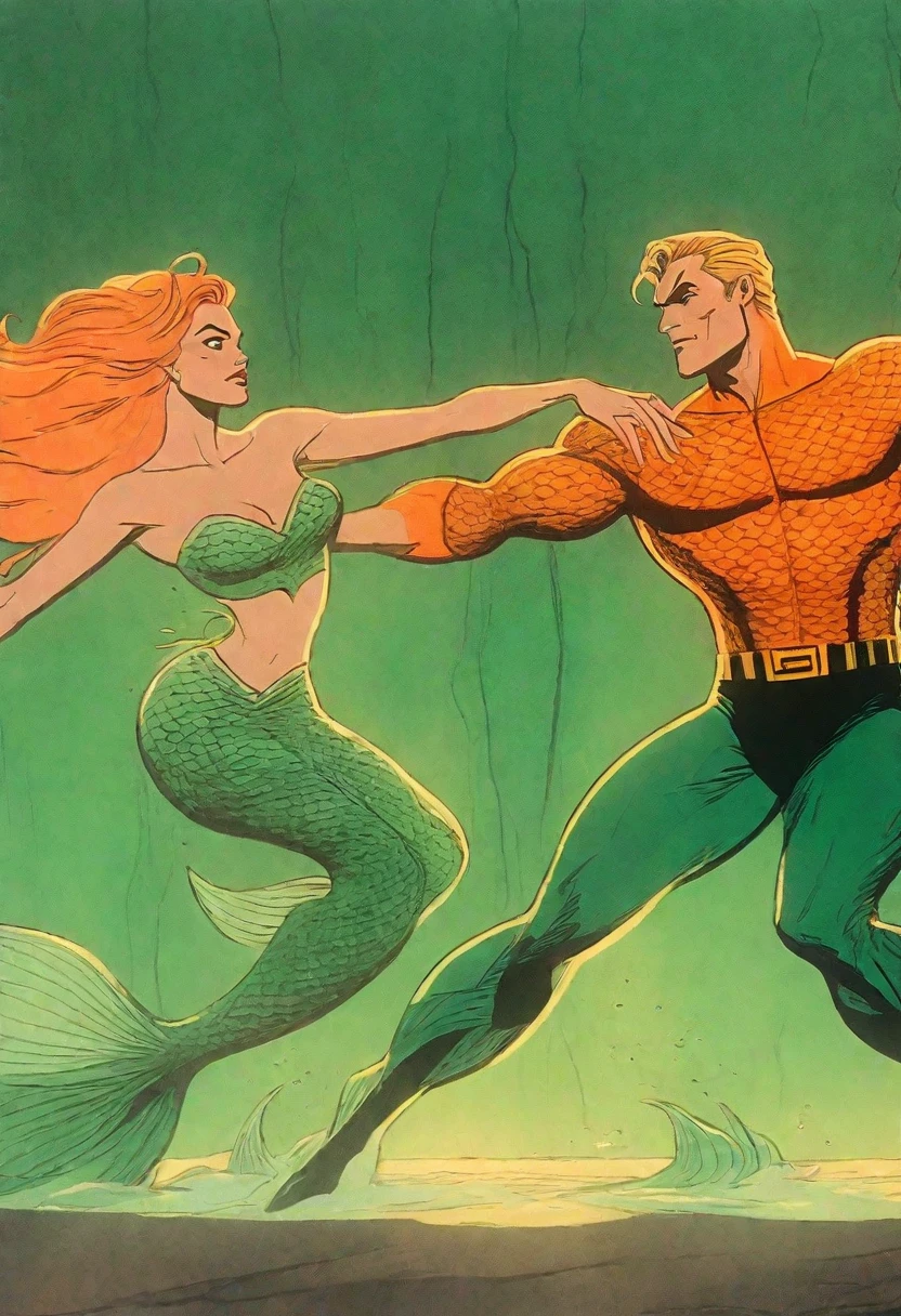 Aquaman (Orin, Arthur Curry, vintage, orange and green costume), dancing a vile stanky boogie with a mermaid princess, duo Aquaman and Mermaid Princess, rotoscope, cinematic, hyperrealism cartoon, hyper maximal, strange, shading for depth, 90's expressive comic style,