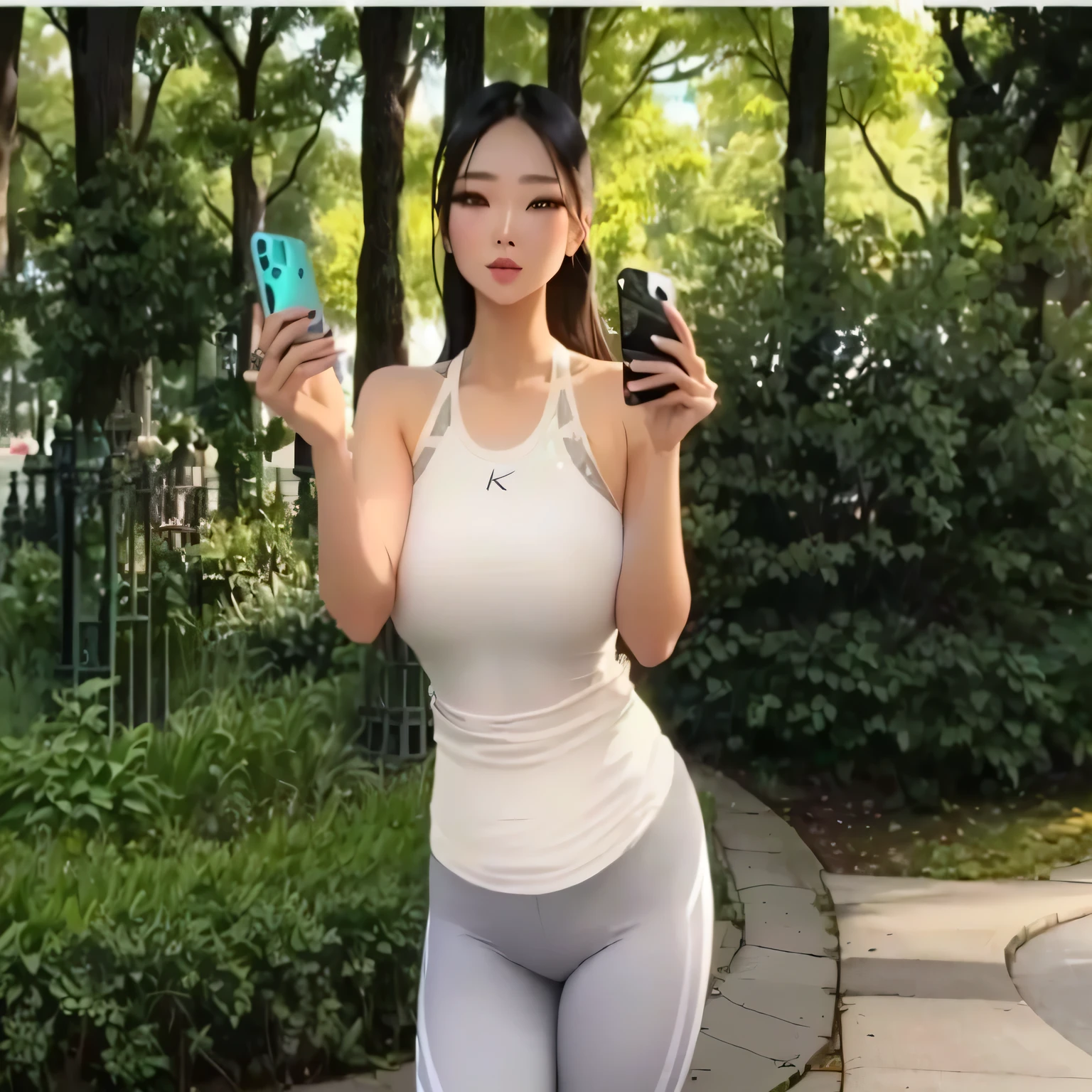 A woman in leggings holds a mobile phone in a park, Tick, Thin waist and thick hips, Charming pose, Posture with hands behind body!, Country Style!! fitness body, Attractive face and figure, Beautiful Korean woman, Beautiful face and body, 30-year-old female, 3 0-year-old female, Women are curvy