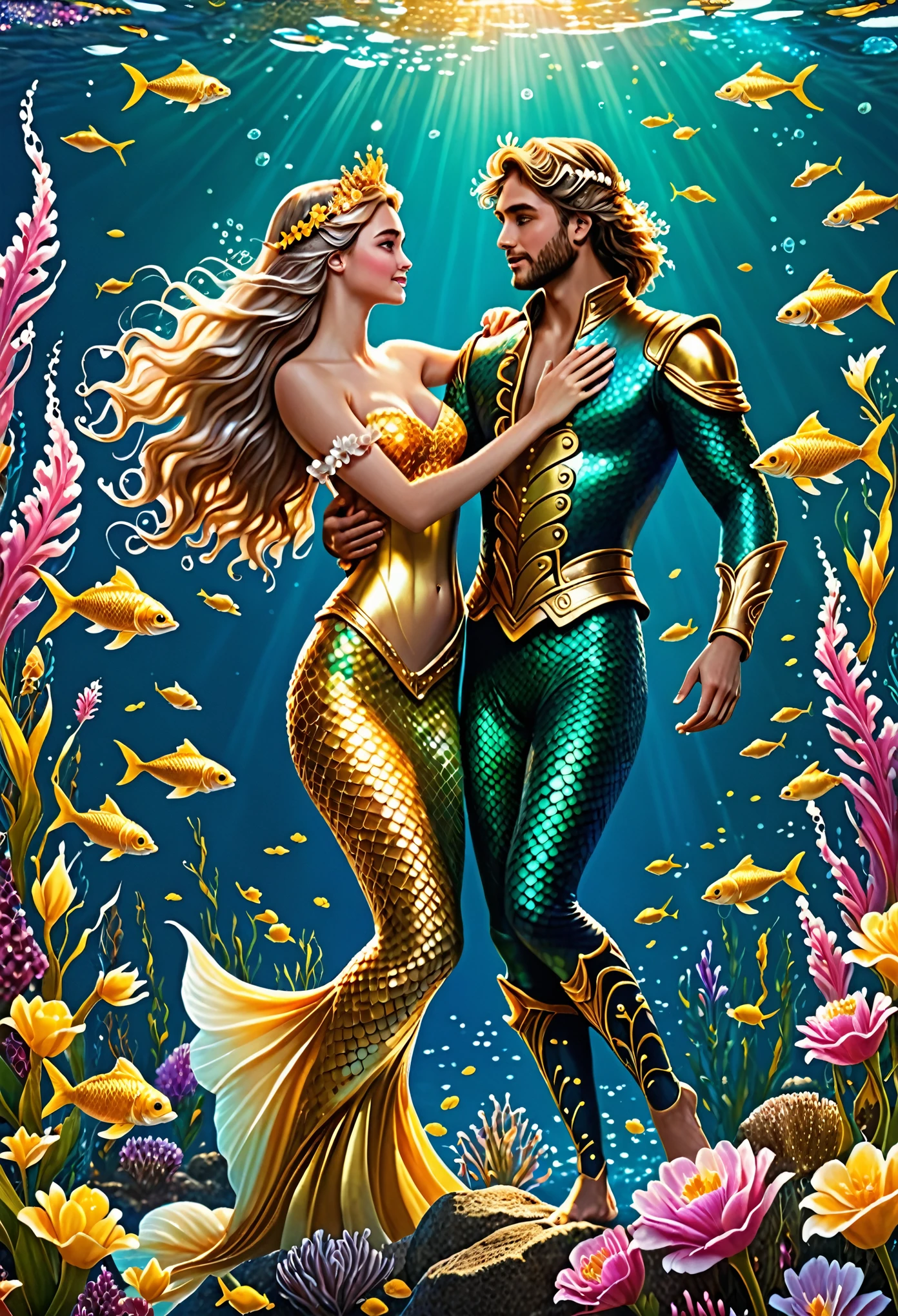 best quality, 8k, high resolution, ultra-detailed, extremely detailed, top quality, realistic, meeting of a Mermaid Princess and a Human Prince, golden sea, the flowers of blessing dancing in the air, 