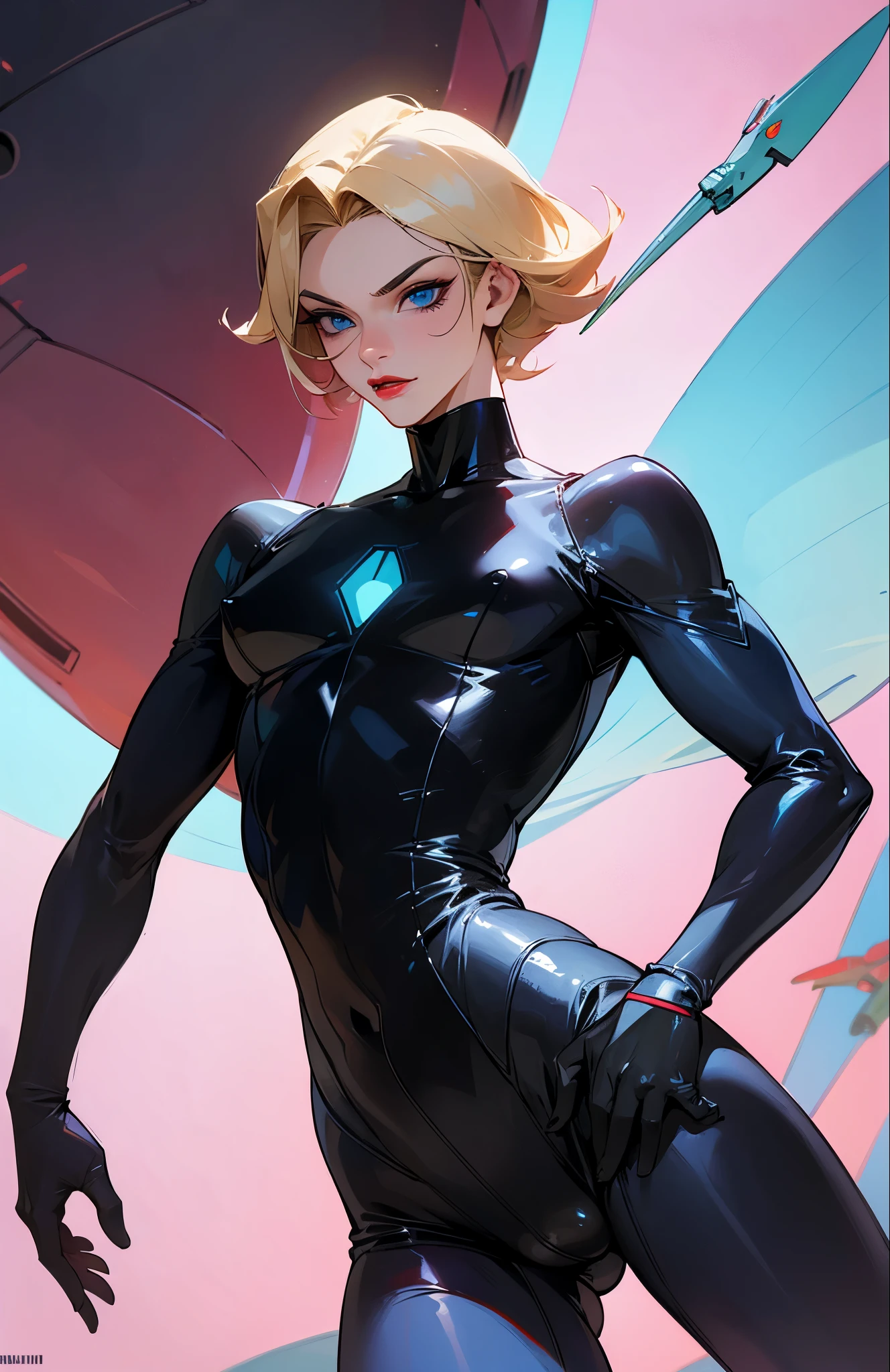 High tech, supervillain, villain, femboy, male, effeminate male, boy that looks like a girl, supergenius, genius, sci fi tech, skin tight bodysuit, bodysuit, black bodysuit, blonde hair, puffy nipples, red lipstick, blue eyes, flying, anti-gravity tech, flying with sci fi tech, penis bulge, penis.