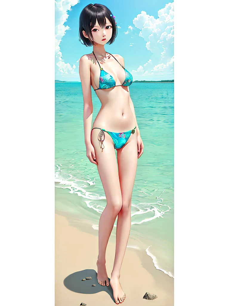 1girl、highest quality、Masterpiece、Official Art、Award-winning works、Standing in front of the viewer、vtuber-fullbody、Simple bikini、barefoot、short hair、depth of field
