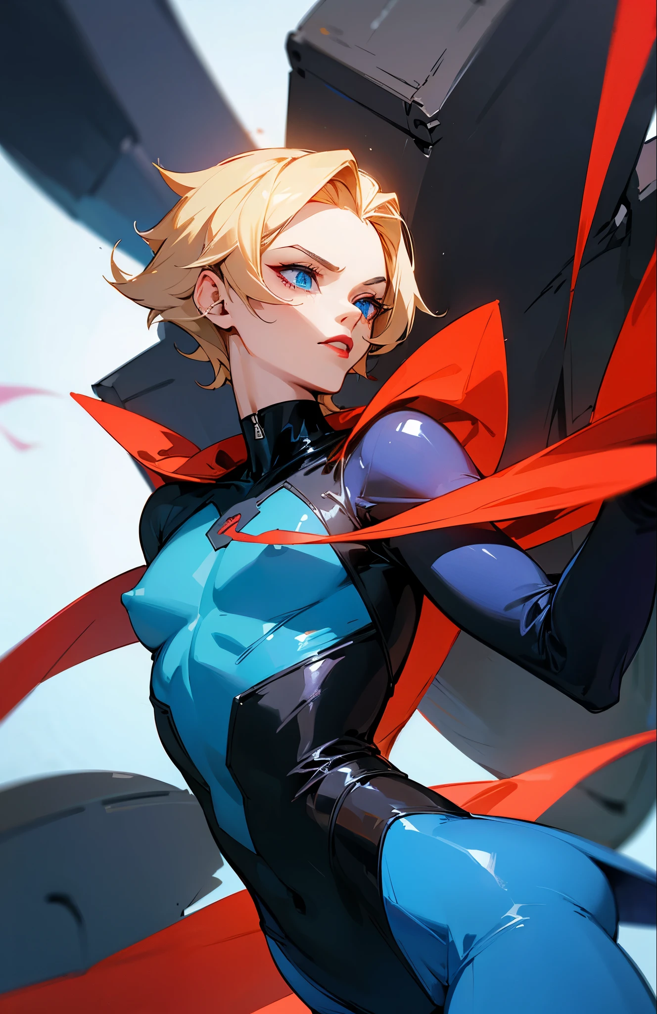 High tech, supervillain, villain, femboy, male, effeminate male, boy that looks like a girl, supergenius, genius, sci fi tech, skin tight bodysuit, bodysuit, black bodysuit, blonde hair, puffy nipples, red lipstick, blue eyes, flying, anti-gravity tech, flying with sci fi tech, penis bulge, penis.