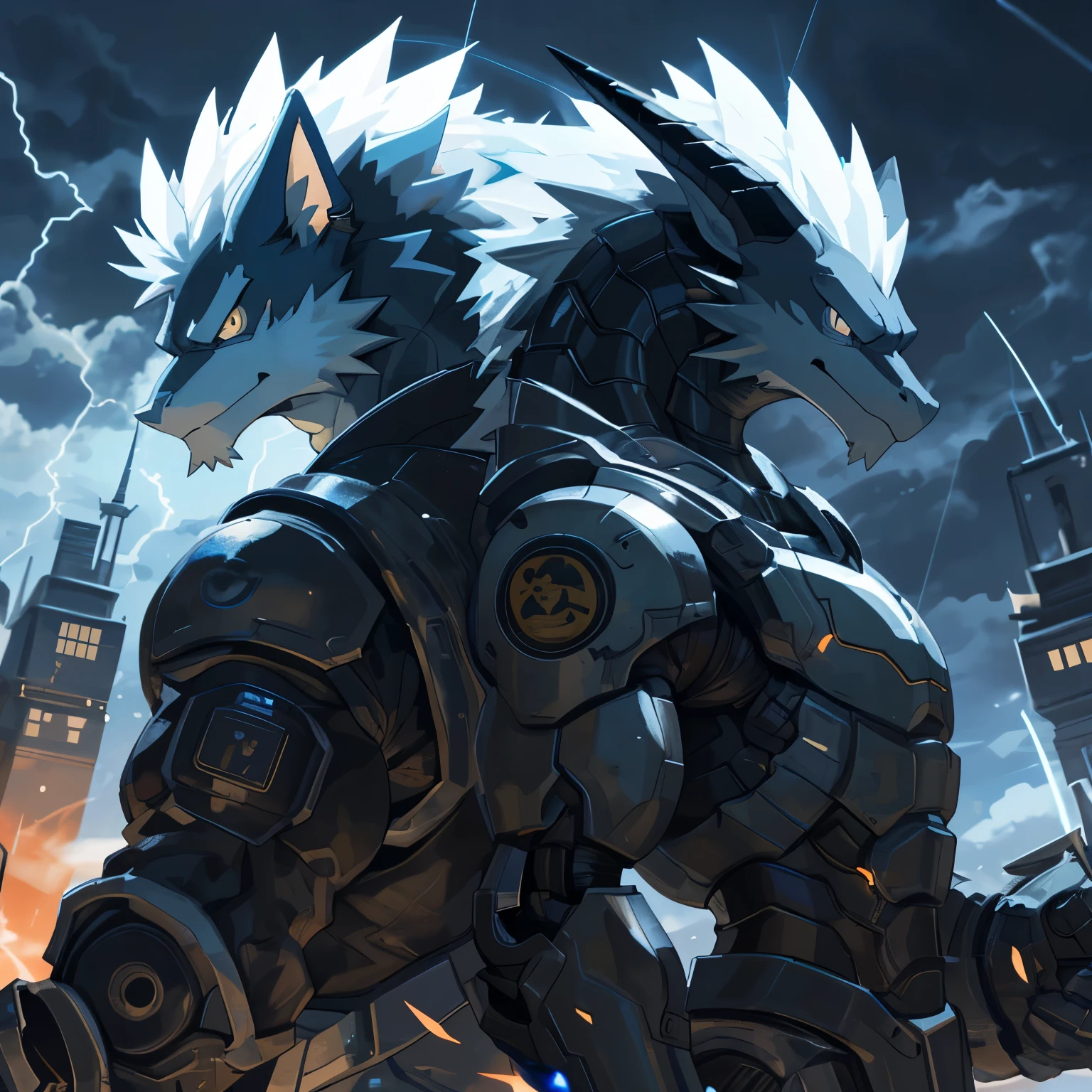 , 4k comics wallpaper, Super Saiyan藍, Anime Wallpaper, 4kAnime Wallpaper, anime wallpaper 4k, Anime Wallpaper 4k, Super Saiyan, lightning侠,胸前lightning图标,Black and White,Bust, Left Werewolf Right Dragon,lightning环绕,lightning,Thunderstorm background,robotic arm, robotic eye, half metal,Heavy Armor, focus on face, cinematic, ink, ink splash, ink sketch, right body mechanic, light glow in eye, side,((Back to Back)),(中间lightning分割线)