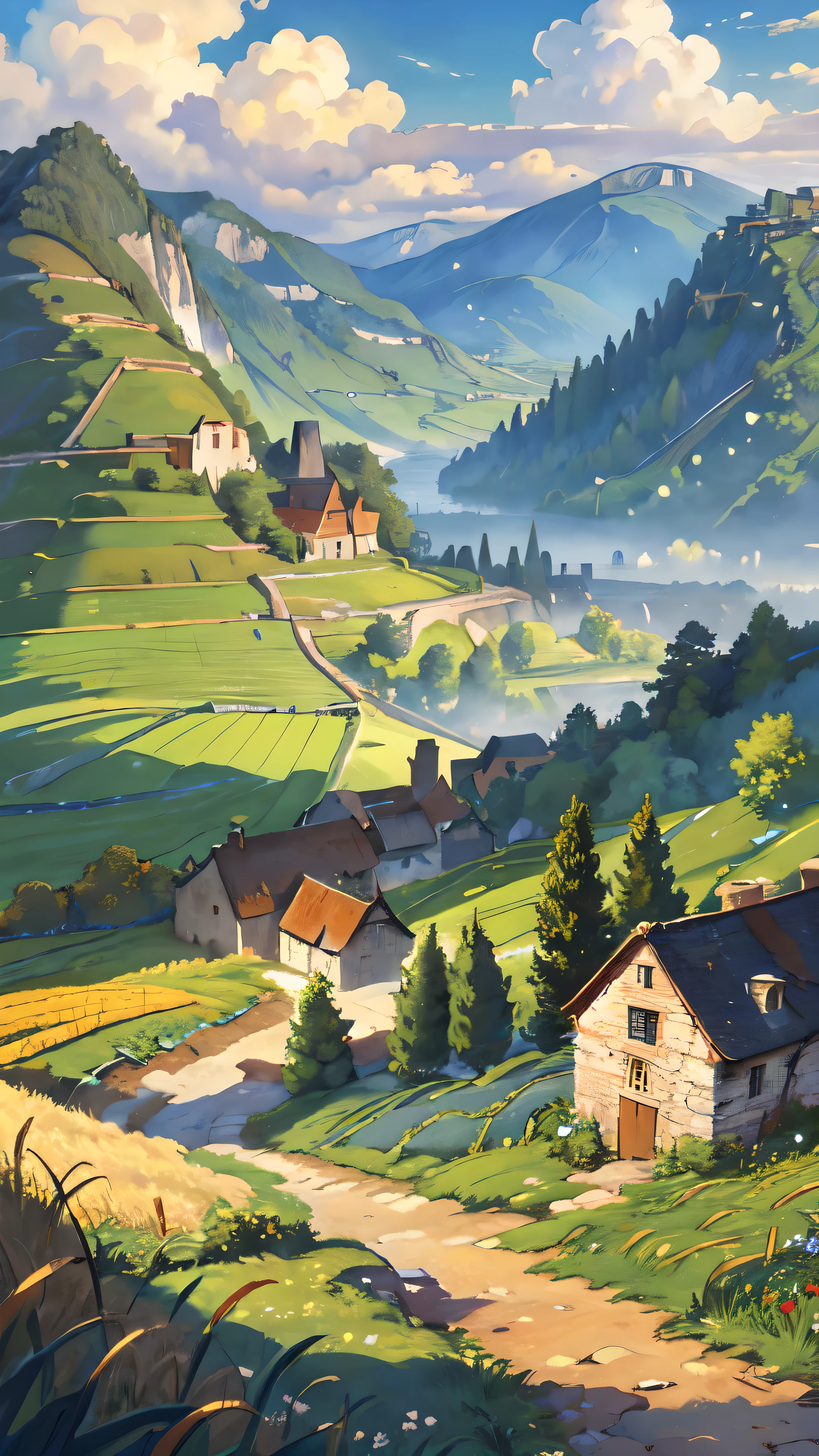 middle ages, wheat fields, windmill, village houses, rock path, day, clouds, scenery, landscape, hills, trees, forest, grass, cart, (masterpiece, best quality: 1.2)
