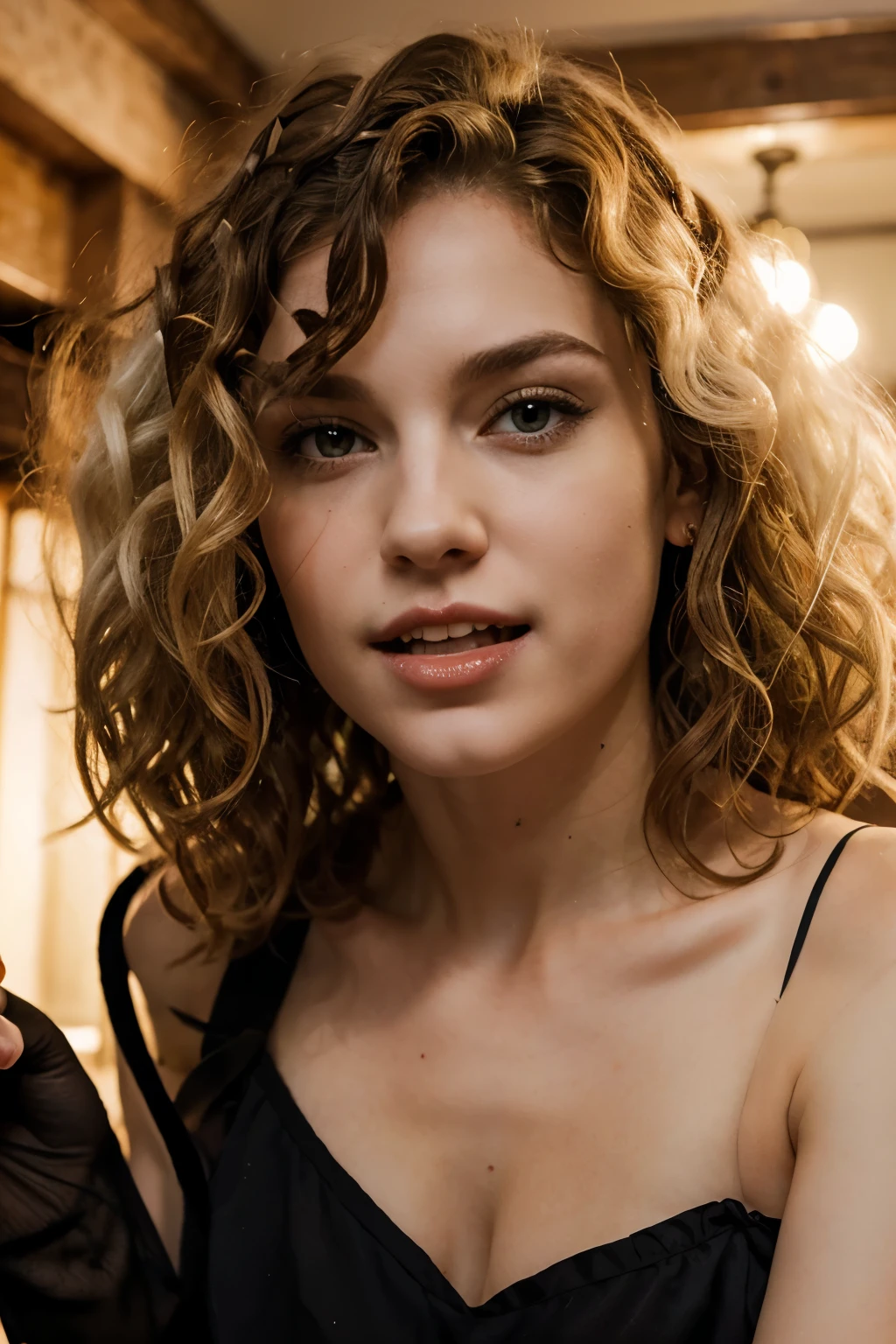 Beautiful curly-haired white-skinned vampire, biting a human male