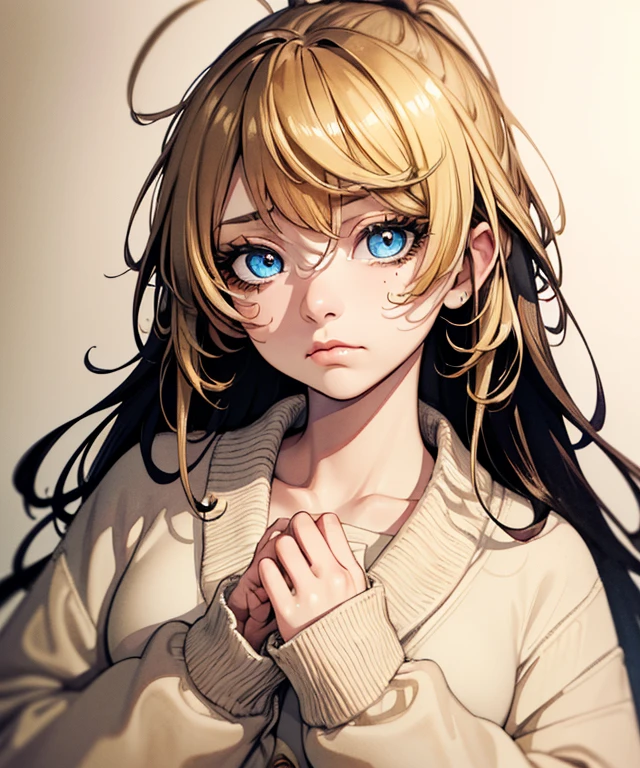 ((Best Quality)), (Ultra Detail), ((UHD)), (High Quality Face), One Woman, Hidden Double Eyelids, Makeup on, ((Beautiful)), (Oversized Knit Cardigan), Small Breasts, Emotional Mood, ((Sad)), (Sentimental ), medium shot, portrait, golden ratio, inked, watercolor, dripping ink, high contrast
((-no unnatural, inaccurate hands, ugly))