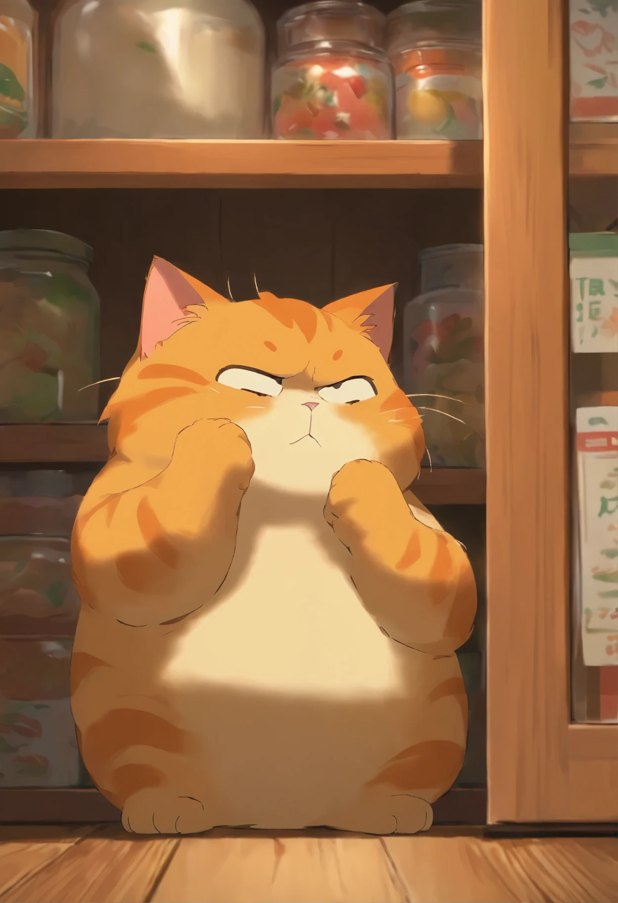 Fat Ginger Mama Cat notices the cabinet has been tampered with, frowning in frustration.
Fat Ginger Mama Cat: (Clutching her fists, glaring at the cabinet) Little Kitten, you took the smartphone again!