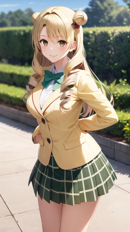 masterpiece, best quality, highres, 1girl, solo, long hair, blonde hair, double bun, drill hair, brown eyes, , green bowtie, blazer, yellow jacket, long sleeves, plaid skirt, green skirt, standing, cowboy shot, outdoors, smile,