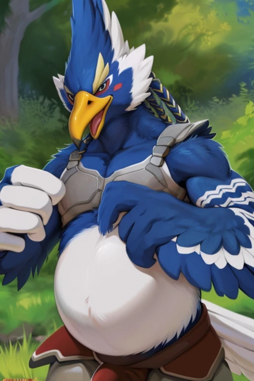 (by spiritd, by negger, by zackary911, by chunie) revali, avian, bird, rito, winged arms, black body, black feathers, beak, mouth open licking beak, {(very large round belly), (bulges in belly), (stroking erection), (:1.2), (pawing off:1.3), (semen on belly), (looking at viewer)}, detailed eyes, braids in the hair, bird tail, armor, in the green field