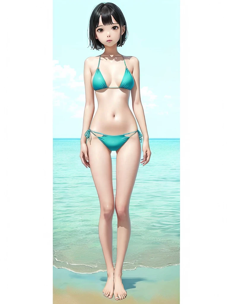 1girl、highest quality、Masterpiece、Official Art、Award-winning works、Standing in front of the viewer、vtuber-fullbody、Simple bikini、barefoot、short hair、depth of field