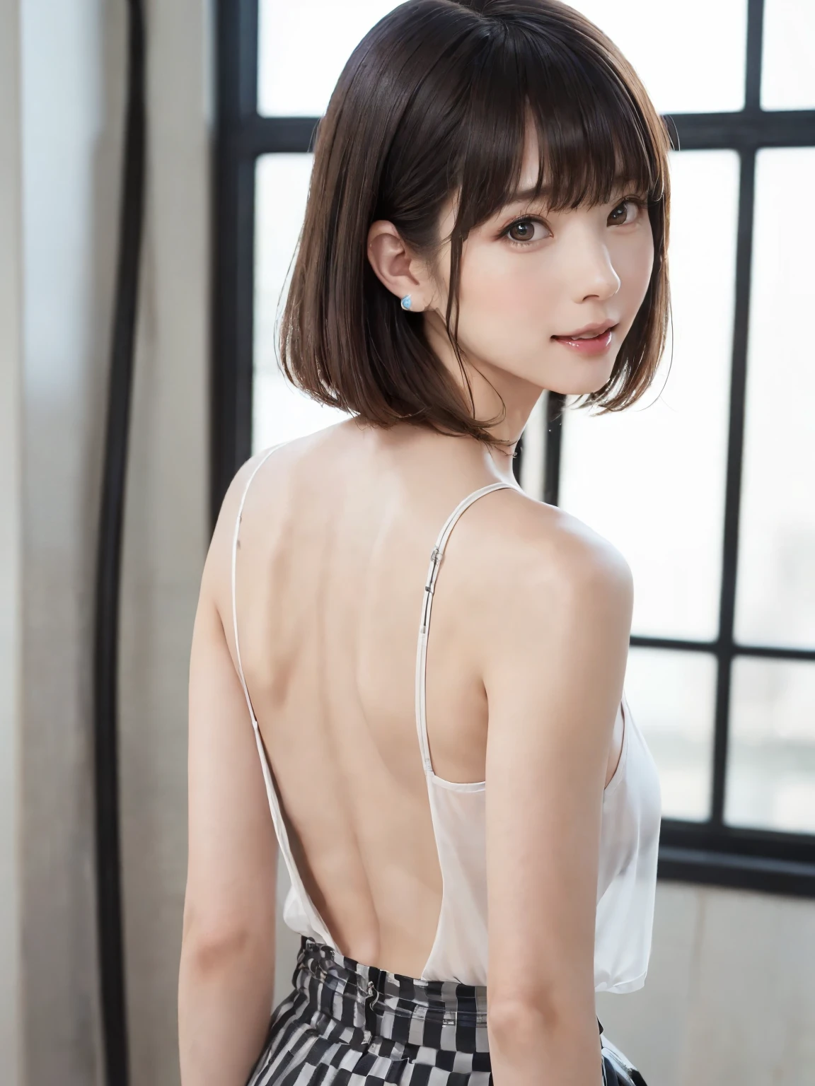 (From the back:1.4、Tabletop:1.4、highest quality:1.4、Best image quality:1.4、Cute beautiful adult woman, Beautiful symmetrical face、Adult smile:1.4、Beautiful Teeth、Lip gloss、Short Brunette Bob、Shiny shiny hair、Has shiny bangs:1.4、bangs:1.4、length, shiny shorthair、length neck:1.4、Show me your ears、Tall Supermodels、Broad shouldered supermodel、{Huge|big|Huge|Mega} chest:2, 非常に大きなchest、Beautiful chest have cleavage:2)、(very beautiful back、Beautiful glowing skin、Cute school girl、Off-the-shoulder white see-through shirt、Checkered sheer loop pleated short skirt、28 years old)、Very cute and attractive woman、very beautiful back、Perfect Anatomy