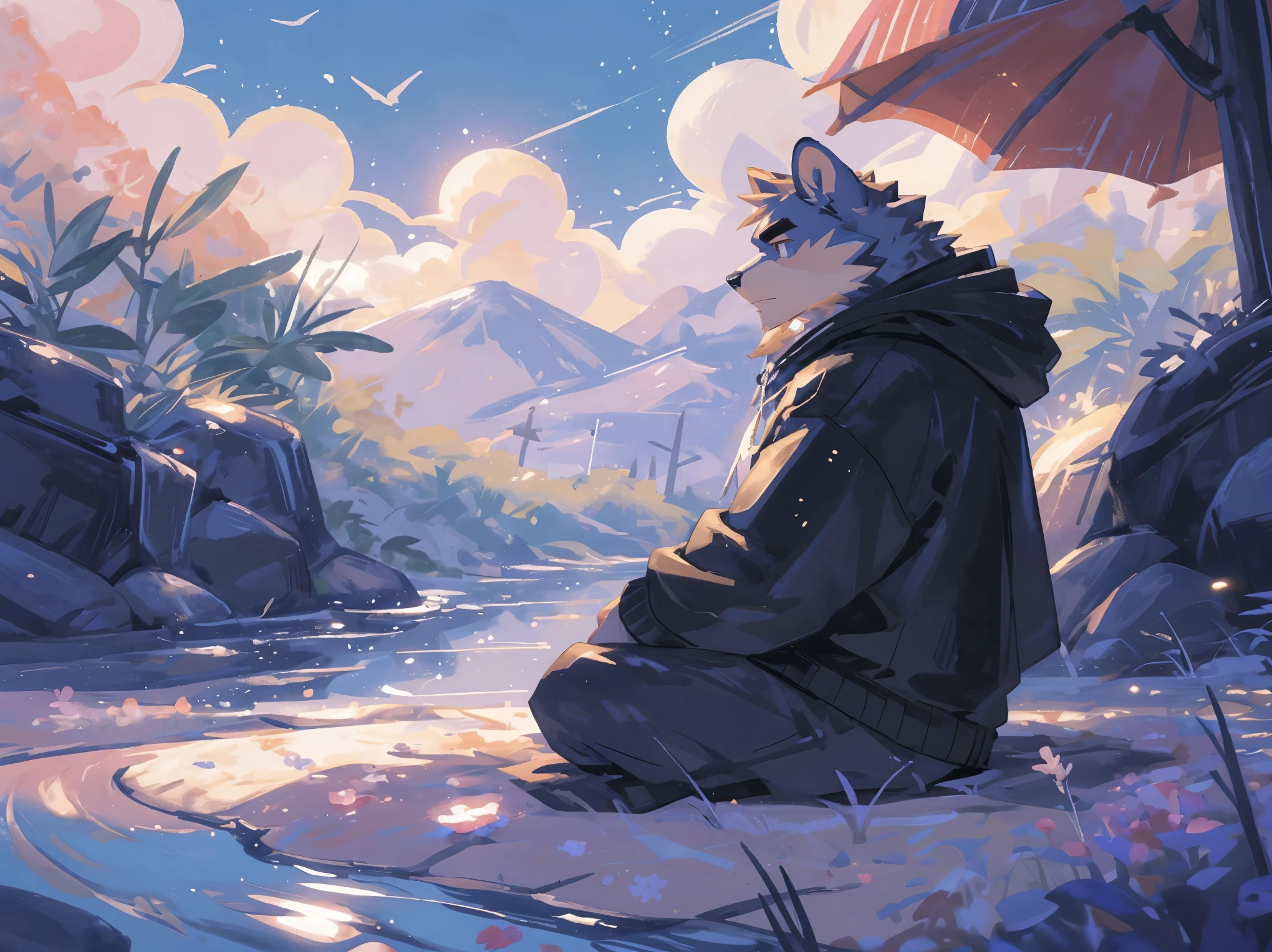 (masterpiece:1.2), best quality,pixiv,official art,perfect anatomy, (Ray tracing, light),solo, (1_male:1.3) , (muscle), (gray fur:1.4), (muscle bear), (beard:1.2), (gleaming golden eyes), Thick black eyebrows, (open hoodie:1.2),(naked inside:1.2), swimming brief, (barefoot:1.2), portrait, sitting alone, sea , beach , flower , plant , beach
