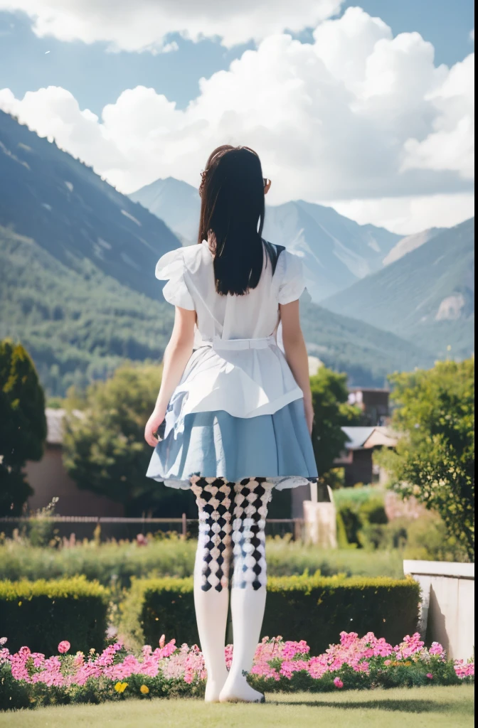 1 Girl，Checkered leg socks,(background: garden),looking at the audience,photoPractical,Practical,Solitary,outdoor:1,Flowers,Blue sky and white clouds,Mountains,audience,Plaid tights,Yatani