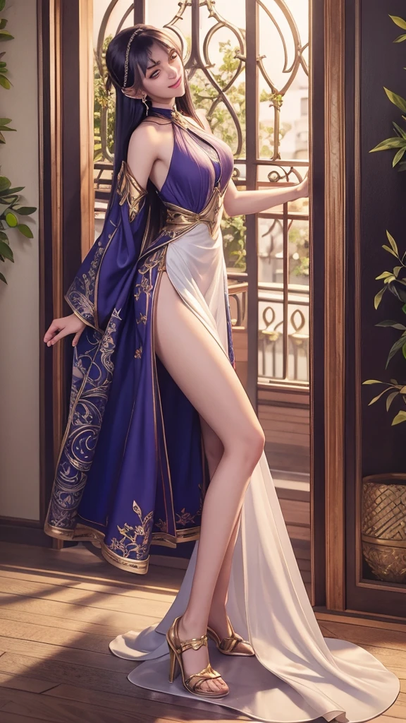 girl, full body, backwards, looking over his shoulder.beautiful detailed eyes, beautiful detailed lips, extremely detailed eyes and face, long eyelashes, Long dress, leg opening, Smiling, Teeth showing, enjoy the atmosphere