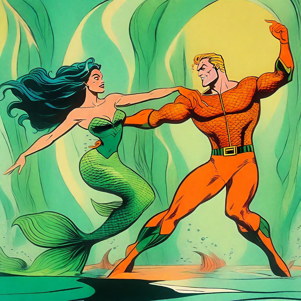 Aquaman (Orin, Arthur Curry, vintage, orange and green costume), dancing a vile stanky boogie with a mermaid princess, duo Aquaman and Mermaid Princess, rotoscope, cinematic, hyperrealism cartoon, hyper maximal, strange, shading for depth, 90's expressive comic style,
