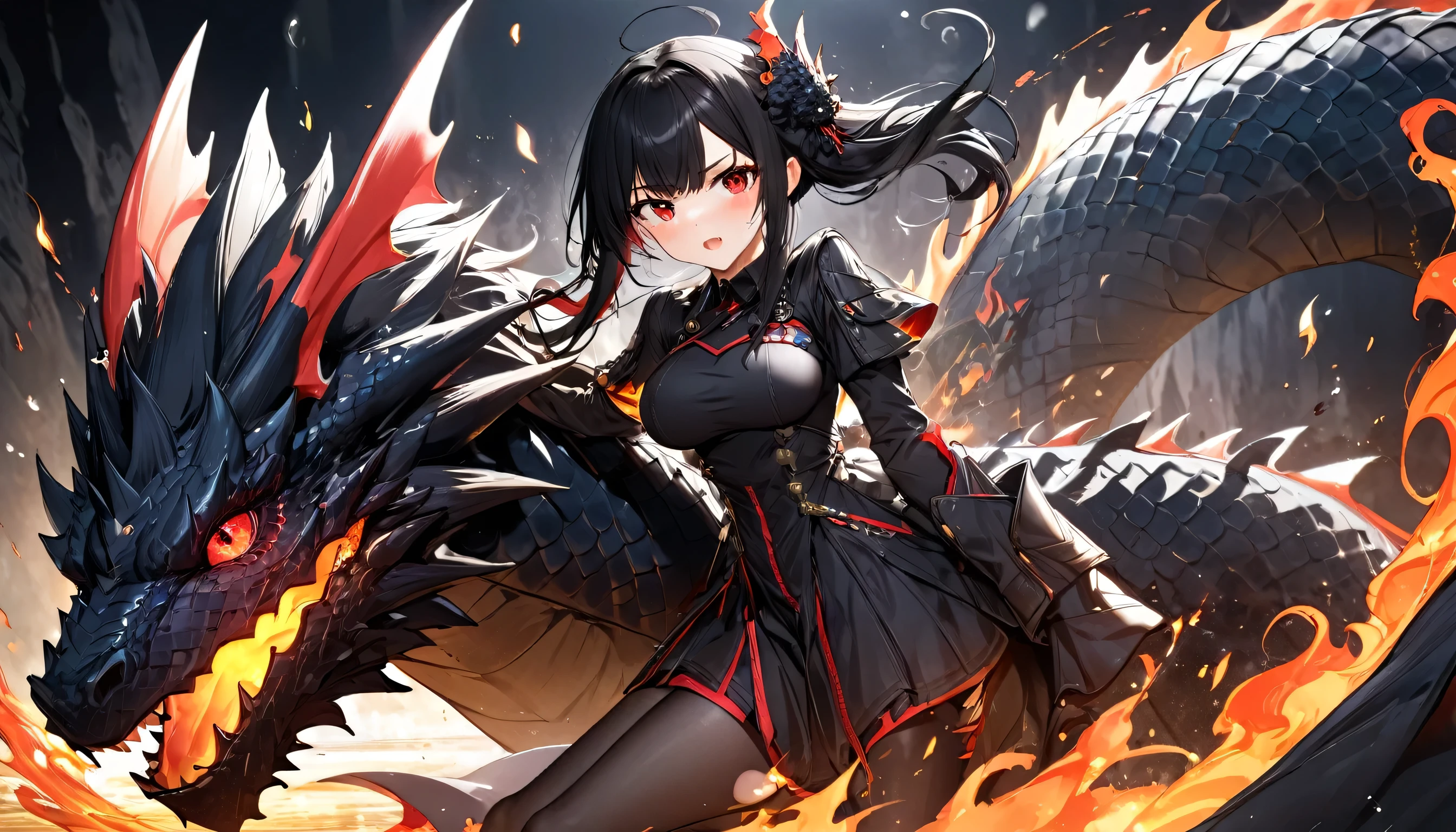 (battle style) (solo straight black hair long hair cute femdom girl, angry red eyes, serious face, big tits), (18 yo), (Ride a biggest black dragon with flame:1.3), (in a battle dress), BREAK, (in the darkness deep abyss), BREAK, perfect anatomy, masterpiece, best quality, 8k, 16k, beautiful detailed, daydreaming expression.