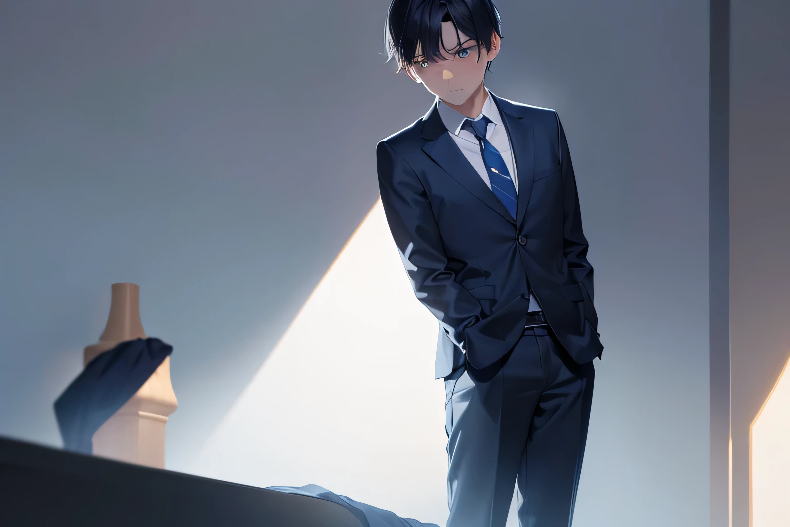 dutch angle, (looking away:2), masterpiece, high quality, 25-year-old man with short black hair and blue eyes, wearing a white shirt, wearing a dark blue tie, (Alone:2), (Expressionless:2), The background is a dark bedroom, bold composition, dark lighting, dim lighting, male on left side, male on right, hotel room, dark lighting, expressionless male, dark blue hue lighting, meek male, rolled up white sleeves, suitless, shirt only, white collared shirt only