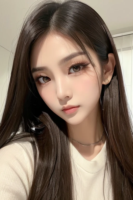 ​masterpiece、top-quality)、1 beutiful girl、Slim body、((Black and white plain clothes:1.1))、(Detailed beautiful dark brown eyes)、In the Han River((dark Brown  long Hair))、((Smaller face))、((Neutral face))、((Light brown eyes))、((Thai half Korean Girl))、((28year old))、((cool lady))、((Embarrassed expression))、((Korean Makeup))、(elongated and sharp eyes)