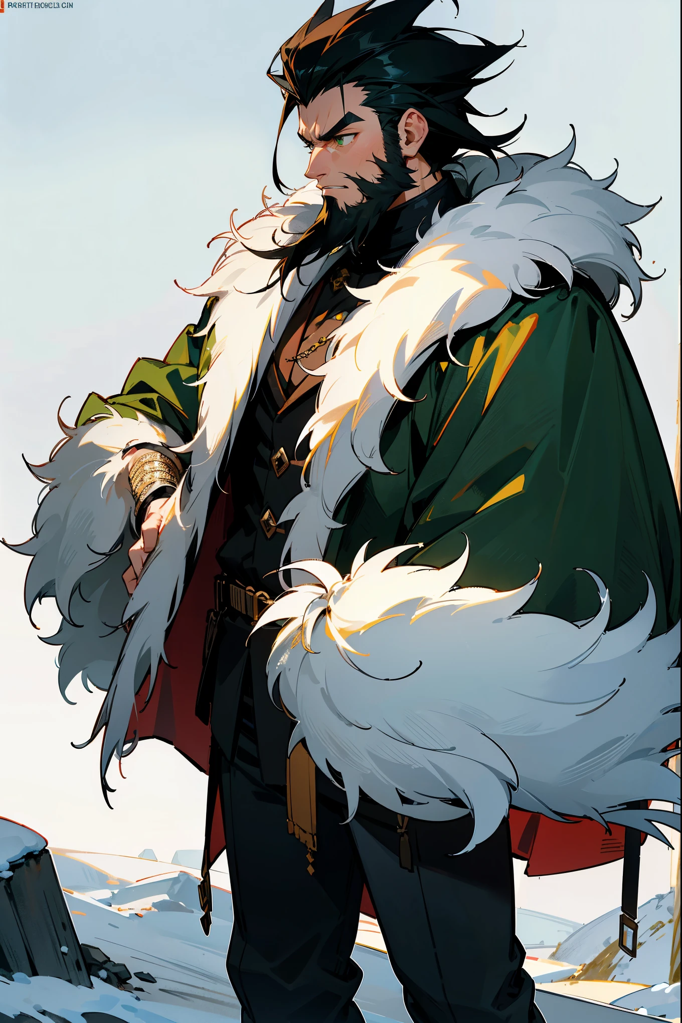 1male , Black Hair , Spiky Hair , Green Eyes , Standing on path in a snowy tundra , Combat Clothing , Chief’s Coat , Fur Coat , Serious Expression , Muscular , Adult , Beard