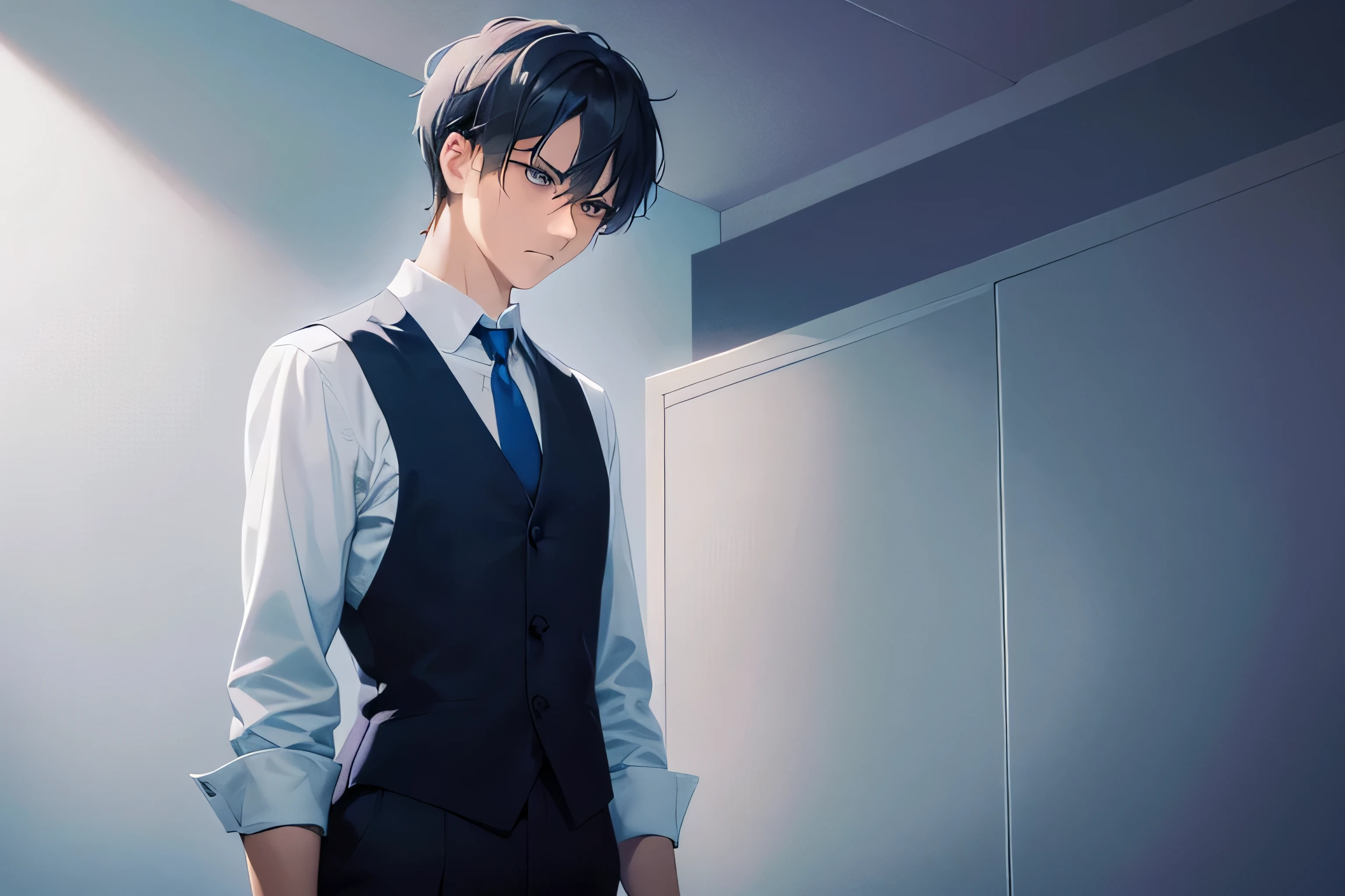 dutch angle, (looking away:2), masterpiece, high quality, 25-year-old man with short black hair and blue eyes, wearing a white shirt, wearing a dark blue tie, (Alone:2), (Expressionless:2), The background is a dark bedroom, bold composition, dark lighting, dim lighting, male on left side, male on right, hotel room, dark lighting, expressionless male, dark blue hue lighting, meek male, rolled up white sleeves, suitless, shirt only, white collared shirt only