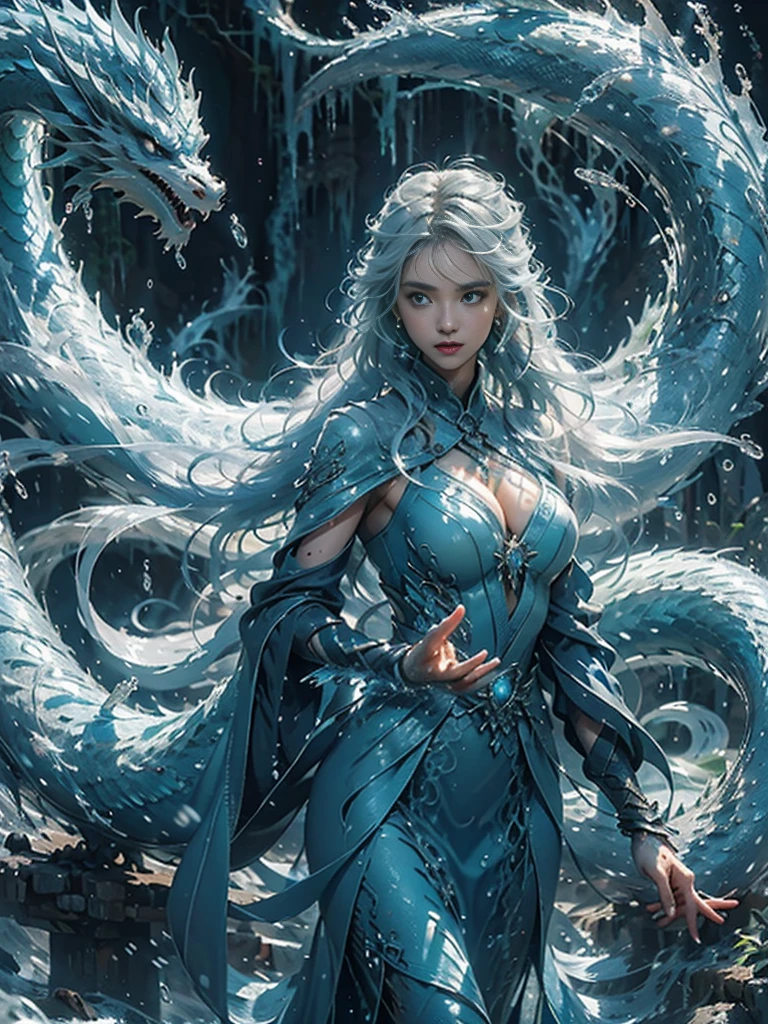 (((1girll))),(Perfect facial features:1.4),Wearing an fantastic armored dress,watery,water wings,Splattered liquid,Wavy liquid,air bubble,standing on water,Behind her is a huge water dragon,drak,Wave,Blue glow,(water wings),(((Powerful water Magic))),(((water wave))),Soar above the landscape,Blue Light Warm Light,(((Water Storm))),Wind,((Flying water)),Amazing results, large breast,perfect eyes, perfect nose, blonde hair, best quality,tmasterpiece,超A high resolution,Up to detail,intricate-detail,8K resolution,8KUCG Wallpaper,nffsw,Water Blue,magic array,cinematic lighting effect,lightand shade contrast,Ray traching、NVIDIA RTX