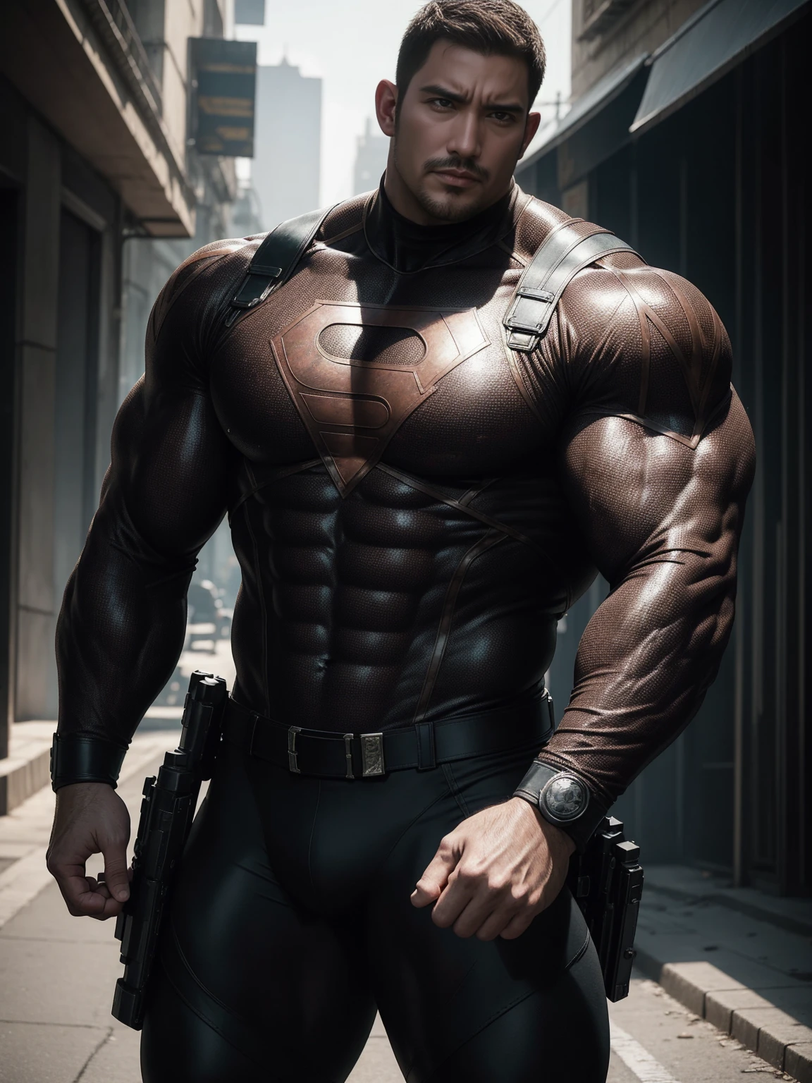 Angry super muscular man,  Buzz Cut，On the old-style outdoor street under the hot sun, Wear a long-sleeved dark brown superhero marble tights, Marble texture，The expression is arrogant, Thick thighs, Messy hair, Thick thighs, Turtleneck Long Sleeve Dark Brown Superhero Bodysuit, very tight, Regular symmetrical pattern, Highlight muscles, Police uniform pants, character concept（Resident Evil - Chris Redfield, Chris Redfield）A proud expression, Deep and charming eyes, Heroic male pose, tall Burly, muscular！muscular thighs, tough guy, perfect facial features, High, Burly, Heqiang, Super polished and cool, High Resolution Committee, Charismatic, The sun is blazing, dazzling