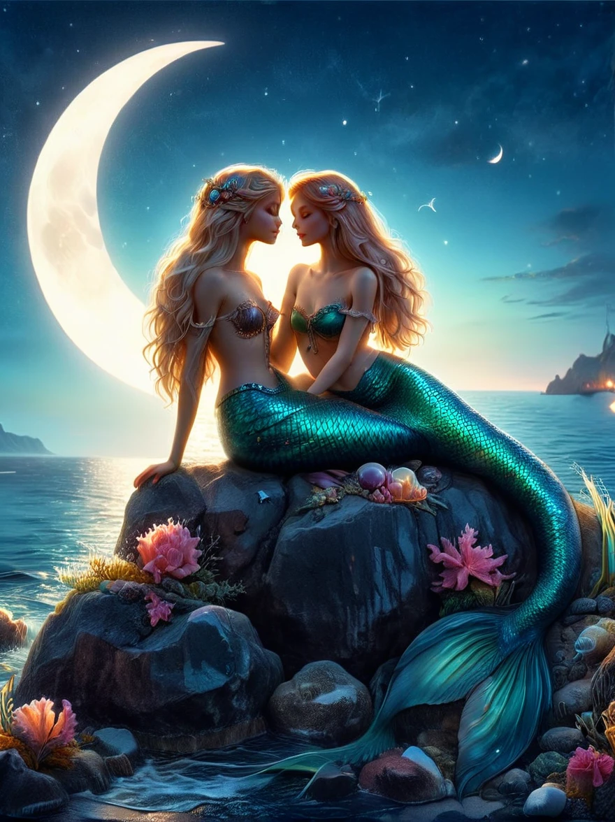 (Romantic Nordic Mythology Love Style)，night，Backlight，(1Boy sitting on the rocks on the coast，1 beautiful and pure female mermaid snuggles boy your side，Long and delicate mermaid tail), There is a full moon behind，Fresh colors，Soft colors，Diode lamp，Concept art style，Extremely complex details，Clear distinction between light and dark，Structured，Ultra HD