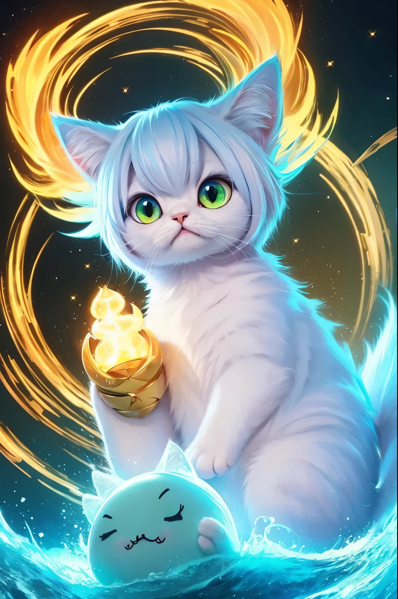 highest quality、Please draw a healing god in anime style。Cat face please。Very cute and adorable face。