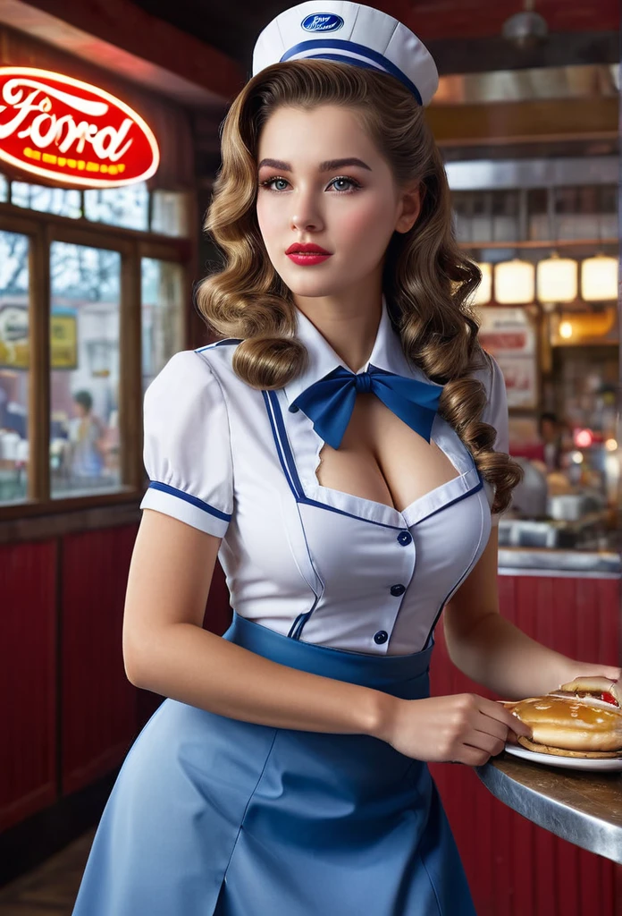 Generates a high quality image, masterpiece, extreme details, ultra definition, extreme realism, high quality lighting, 16k UHD, a beautiful girl, huge breasts, 1950 waitress uniform, a next ford 1950