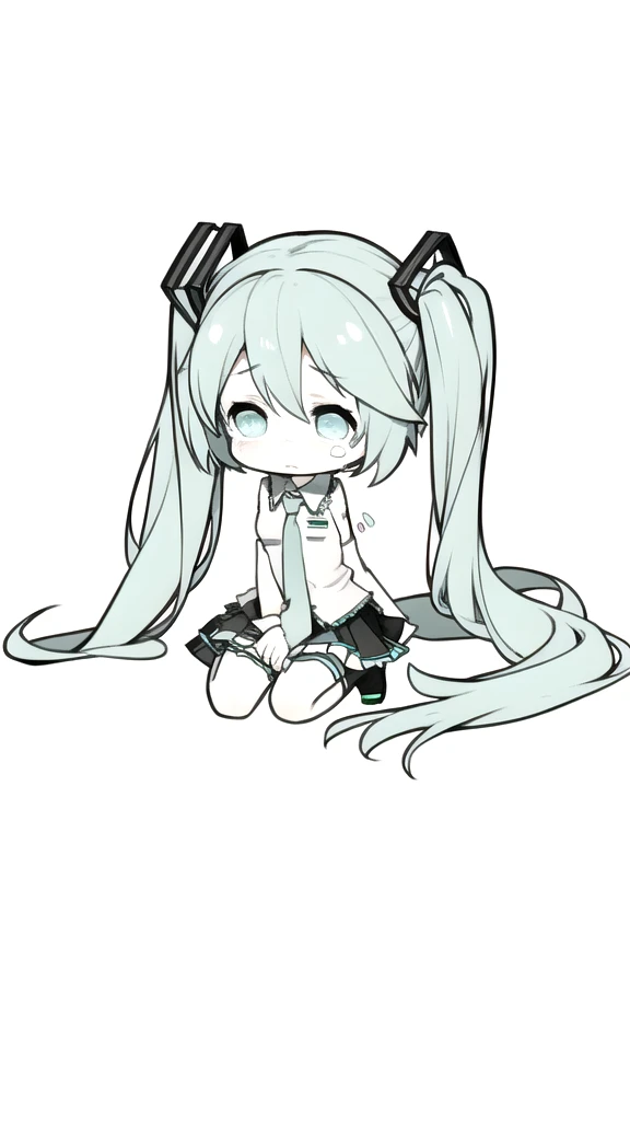 best quality, chibi, 1 girl,  miku, Hatsune Miku, (full body), Pure white background,Vivid,clearly,sad face,Are crying,Lying on the ground