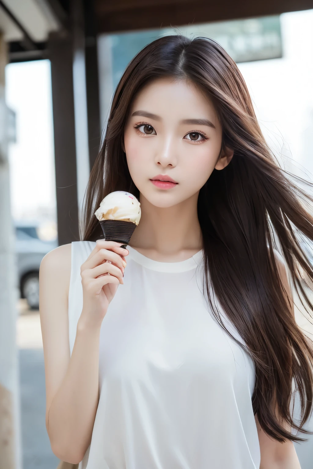 masterpiece、top-quality)、1 beutiful girl、Slim body、((Black and white plain clothes:1.1))、(Detailed beautiful dark brown eyes)、In the Han River、Face similar to Chaewon in Le Selefim、((dark Brown long Hair))、((Smaller face))、((Neutral face))、((Light brown eyes))、((Thai half Korean Girl))、((28year old))、((cool lady))、((Embarrassed expression))、((Korean Makeup))、((elongated and sharp eyes))、((Happy dating))、((boyish))、((She is walking in front of the viewer))、((Holding ice cream in hand))、((Looking Up))
