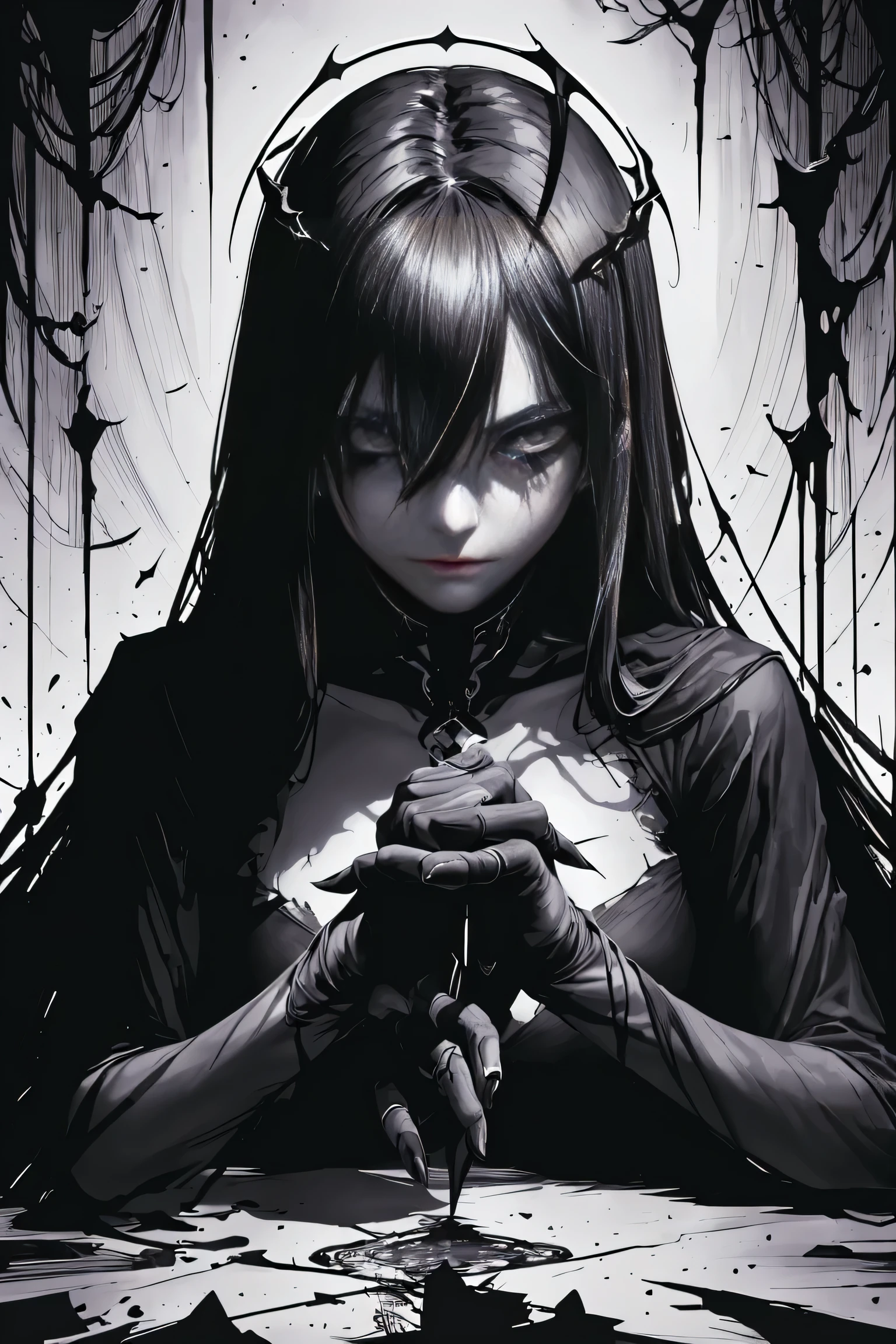v5lcn style,ink art,(Best Quality,masutepiece:1.2),(black and white comic core:1.1),(extreme high contrast),Dark ink,1girl in,A dark-haired,Shadow on face、4K,resolution, ripped long hair, ring halo on head, Angel Girl, Angelic, horror. 