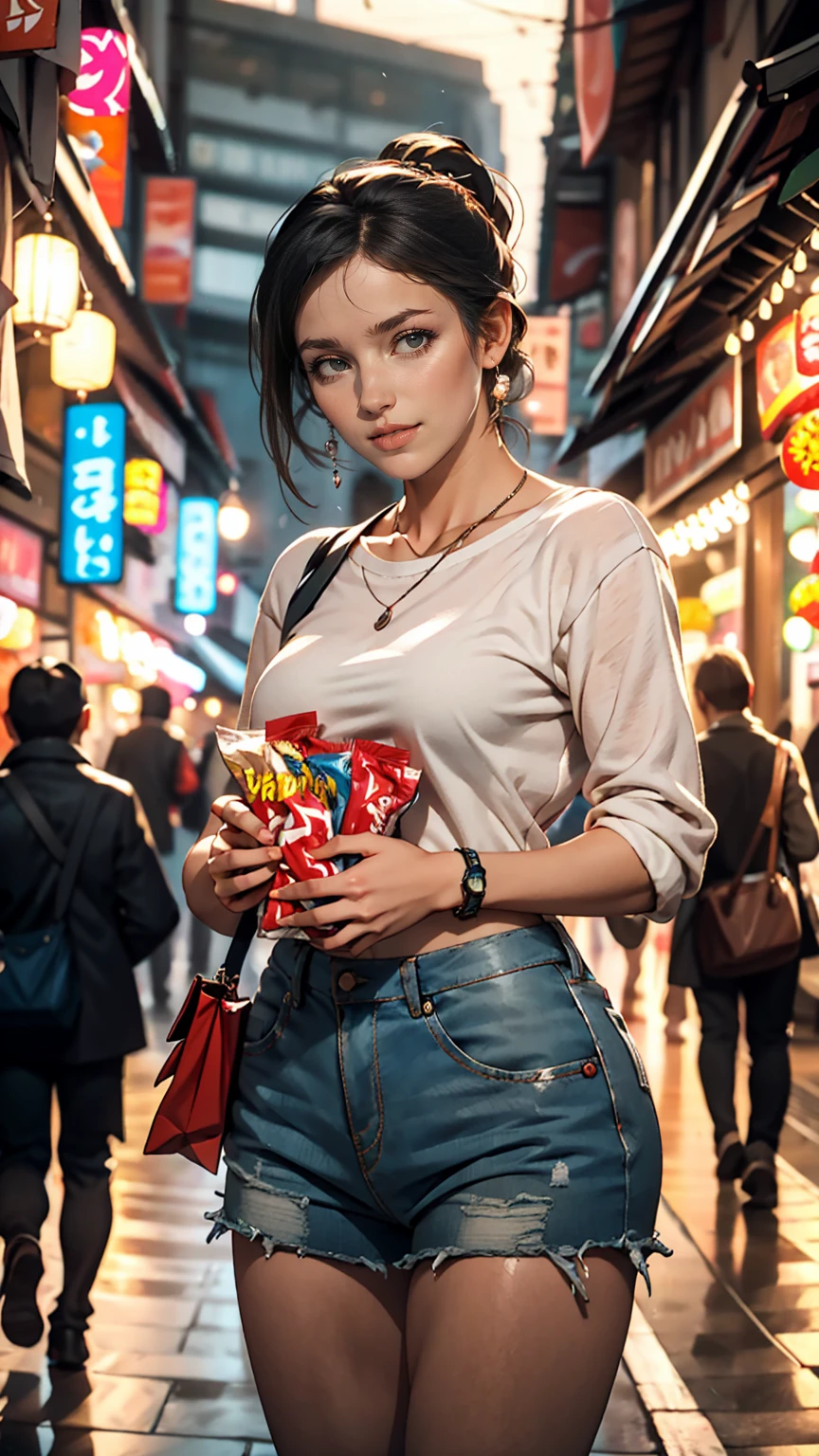 Vibrant night market. Woman wearing casual clothes, Carrying snacks, Her face is full of joy and satisfaction.