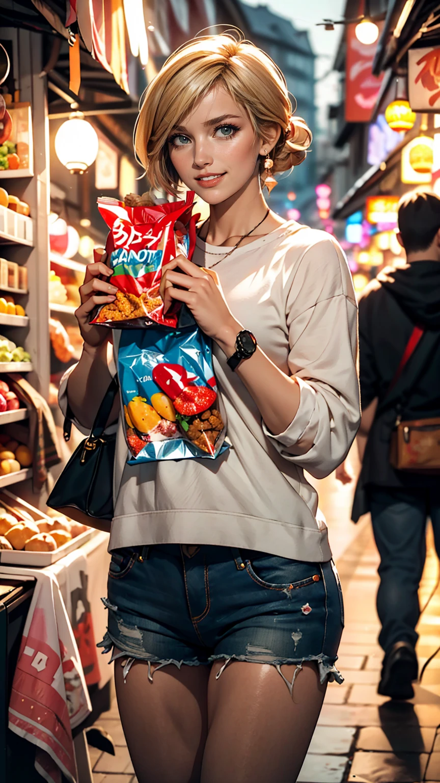 Vibrant night market. Woman wearing casual clothes, Carrying snacks, Her face is full of joy and satisfaction.