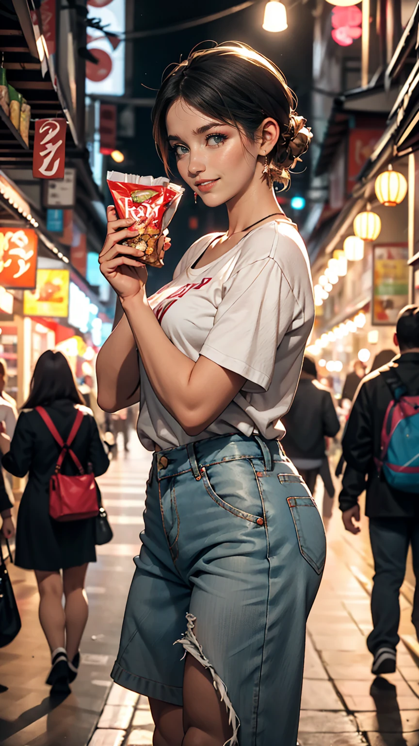 Vibrant night market. Woman wearing casual clothes, Carrying snacks, Her face is full of joy and satisfaction.