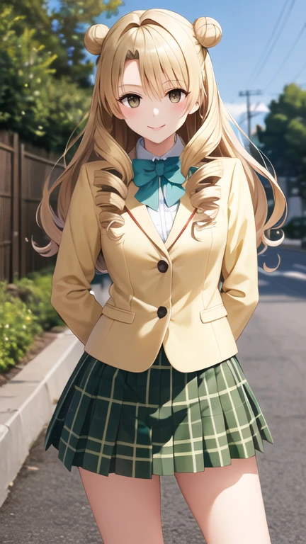 masterpiece, best quality, highres, 1girl, solo, long hair, blonde hair, double bun, drill hair, brown eyes, , green bowtie, blazer, yellow jacket, long sleeves, plaid skirt, green skirt, standing, cowboy shot, outdoors, smile,