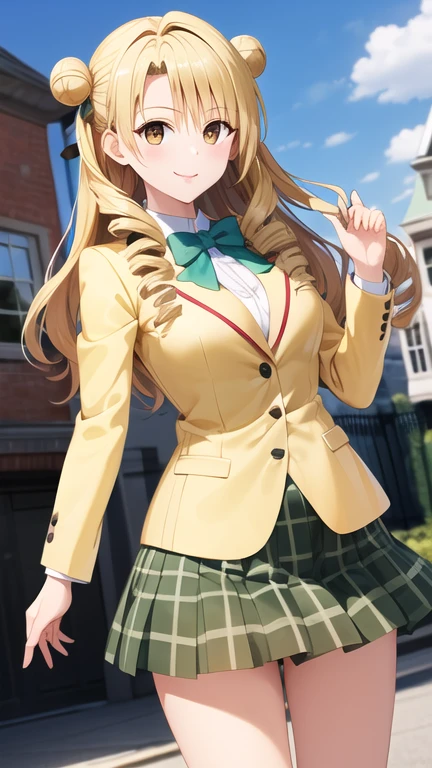 masterpiece, best quality, highres, 1girl, solo, long hair, blonde hair, double bun, drill hair, brown eyes, , green bowtie, blazer, yellow jacket, long sleeves, plaid skirt, green skirt, standing, cowboy shot, outdoors, smile,