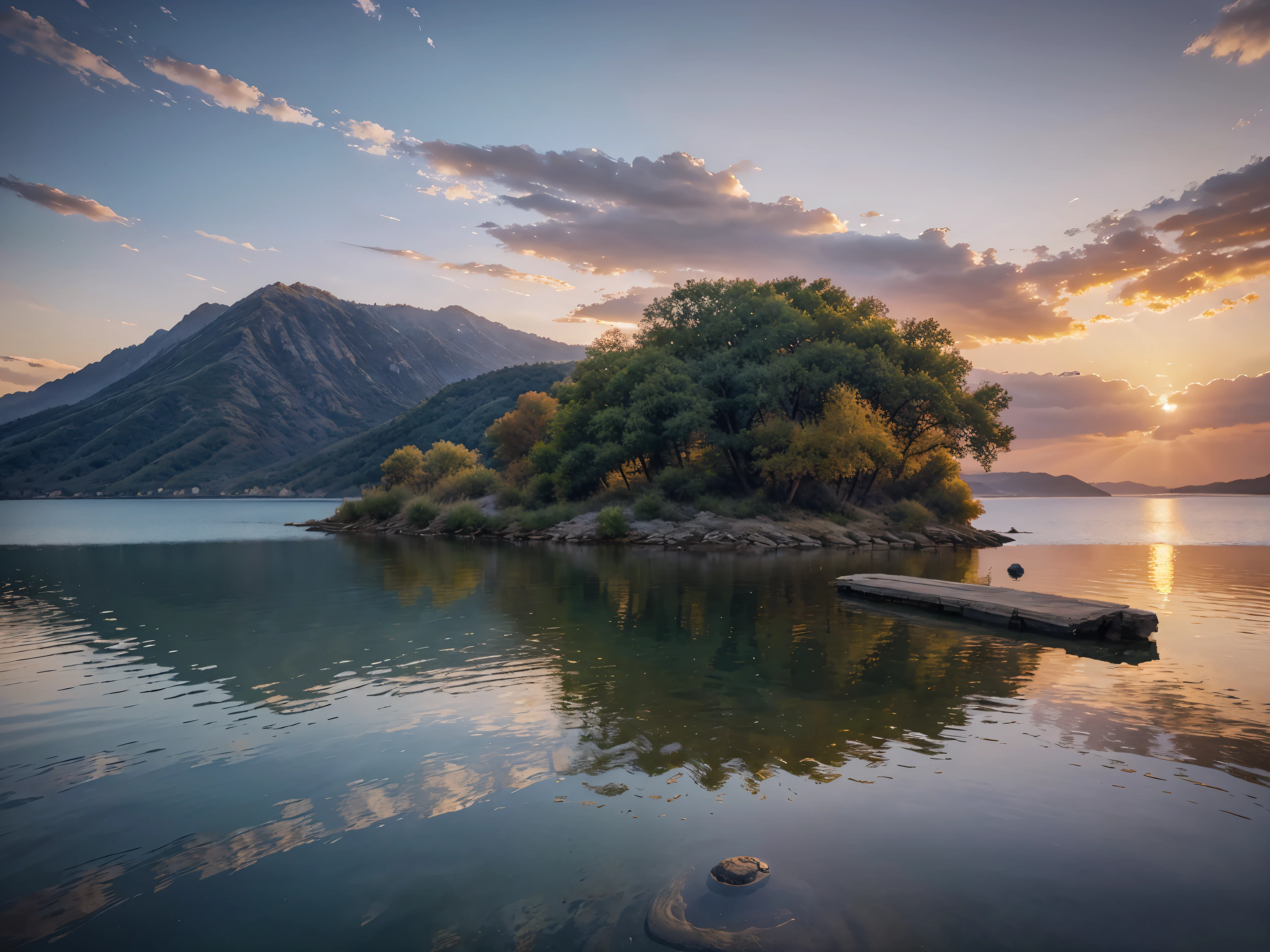 sunset, landscape, water, (very detailed CG unity 8k wallpaper), the most beautiful artwork in the world, professional majestic oil painting, intricate, high detail, clear focus, dramatic, realistic painting art, blue sky.