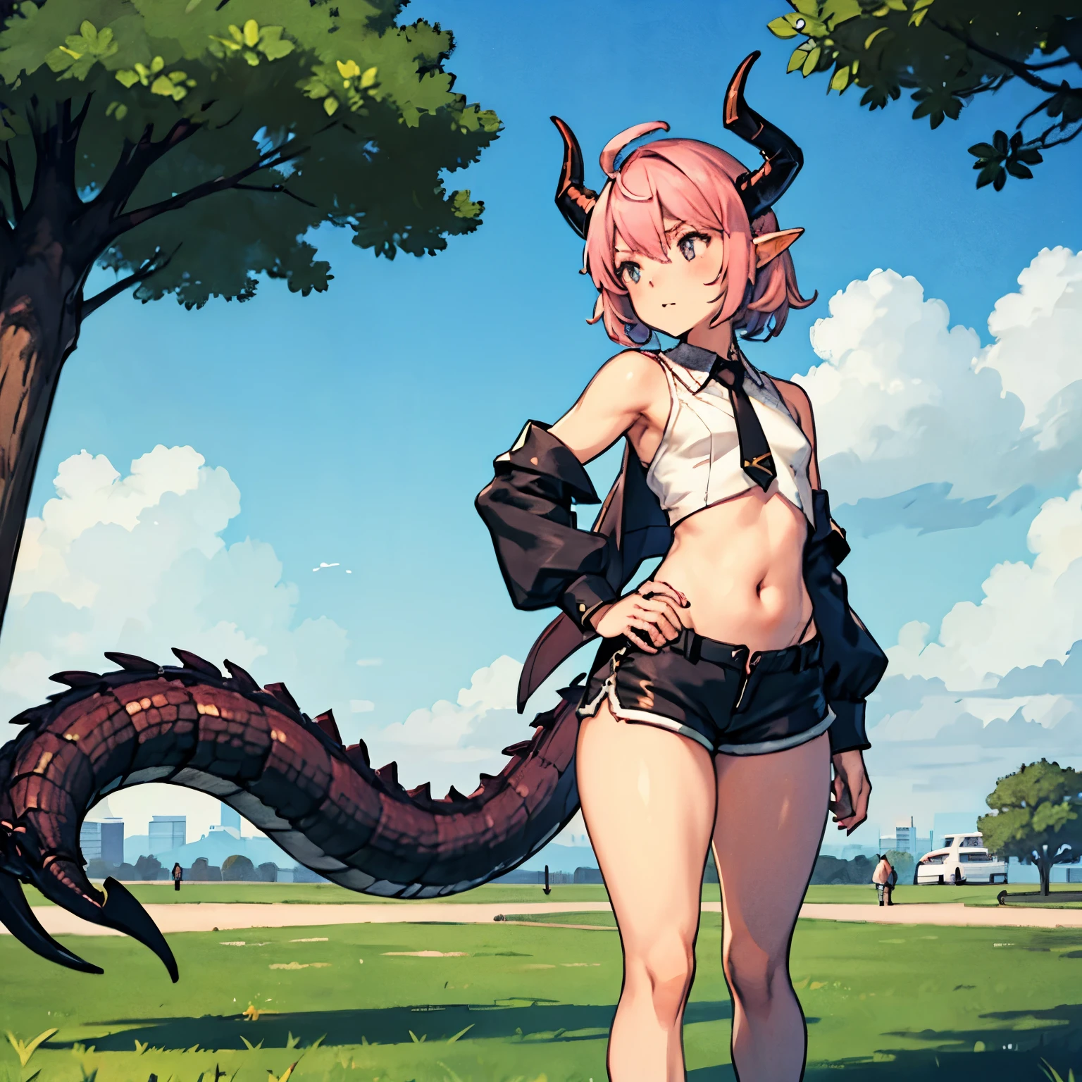 small male femboy with pink hair and dragon horns in black shorts in a park alone thick thighs