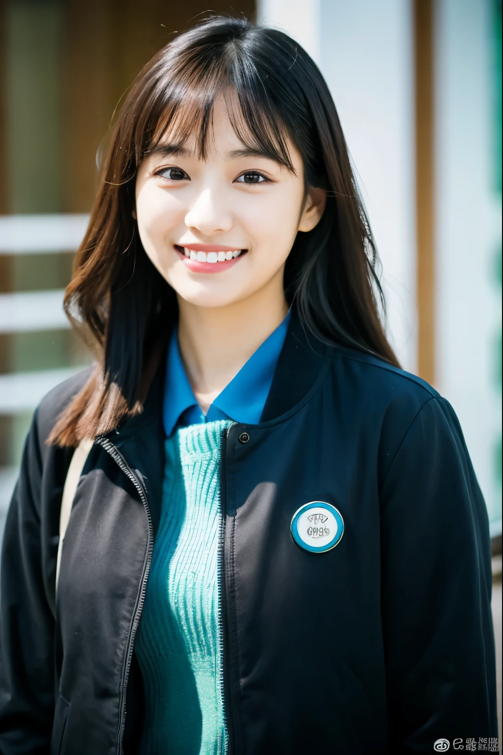 smiling asian woman in black jacket with blue badge and name tag, jinyoung shin, captured on canon eos r 6, jaeyeon nam, portrait of jossi of blackpink, taken with canon eos 5 d mark iv, shot on canon eos r 5, shot on canon eos r5, yanjun chengt, korean artist, lu ji, wan adorable korean face, coy smile