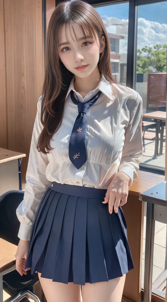 (8K, best quality, masterpiece:1.2), (realistic, photo-realistic:1.37), (high color saturation:1.0), (highly detailed skin), (highest quality:1.0), (ultra high resolution:1.0) ,(realistic:1.0), (Super detailed:1.0), (8K, Raw photo:1.1)、standing random pose, smiling, natural breast, perfect lighting, ((3girls students)), 18years old, (mysterious), clear and detailed, ((school_uniform, Japanese sailor uniform, flared skirt)), (classroom), cute face, (no_panties),