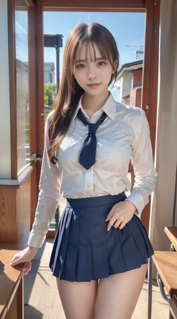 (8K, best quality, masterpiece:1.2), (realistic, photo-realistic:1.37), (high color saturation:1.0), (highly detailed skin), (highest quality:1.0), (ultra high resolution:1.0) ,(realistic:1.0), (Super detailed:1.0), (8K, Raw photo:1.1)、standing random pose, smiling, natural breast, perfect lighting, ((3girls students)), 18years old, (mysterious), clear and detailed, ((school_uniform, Japanese sailor uniform, flared skirt)), (classroom), cute face, (no_panties),