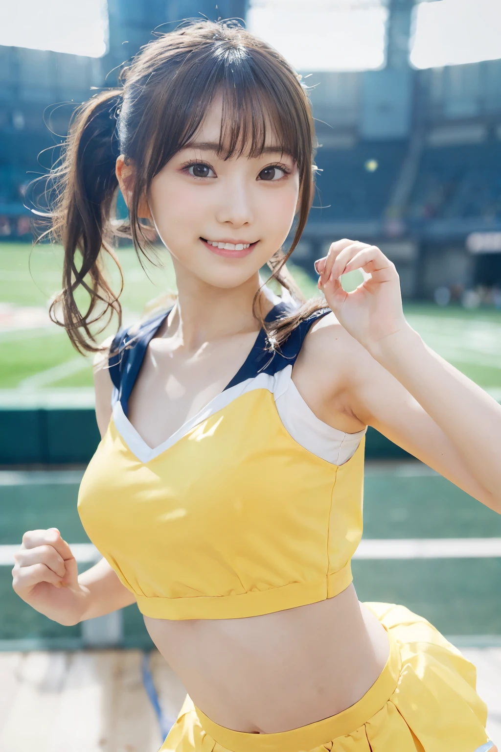 (masutepiece, Best Quality:1.5), Beautiful Girl, 8K, 50mm portrait, Raw photo, absurderes, Delicate girl, (Close up face, Dancing:1.3), violaceaess, gardeniass, Upper body, Front shot, twin-tail hair, pigtail, cheer girl, yellow cheerleader uniform, Mini skirt, ribbon hair bow, Looking at Viewer, (Smile:0.6), Shiny skin, breasts focus, Thin arms, very thin waist, face lights, clear lighting, Film grain, chromatic abberation, Stadium, (Bokeh:1.1), (Simple background:1.2)