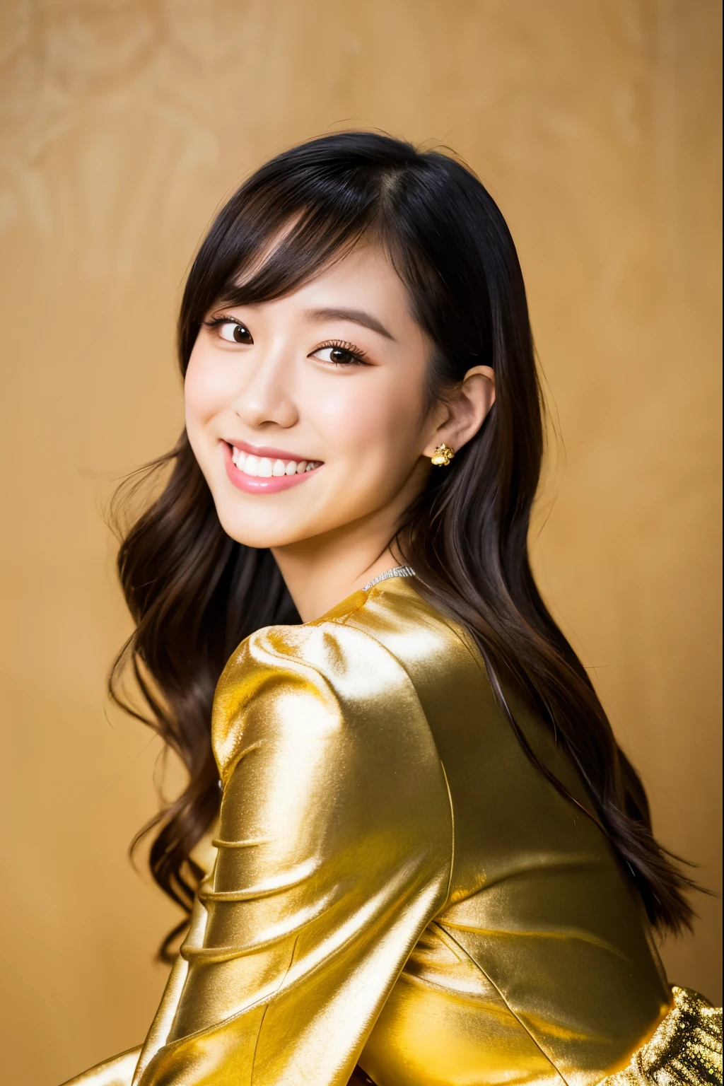 there is a woman that is smiling and wearing a gold dress, chiho, aya takano, portrait of jossi of blackpink, cindy avelino, gemma chen, harumi, very very low quality picture, low quality photo, natsumi mukai artwrok, janice sung, yukii morita, lalisa manobal, tzuyu from twice