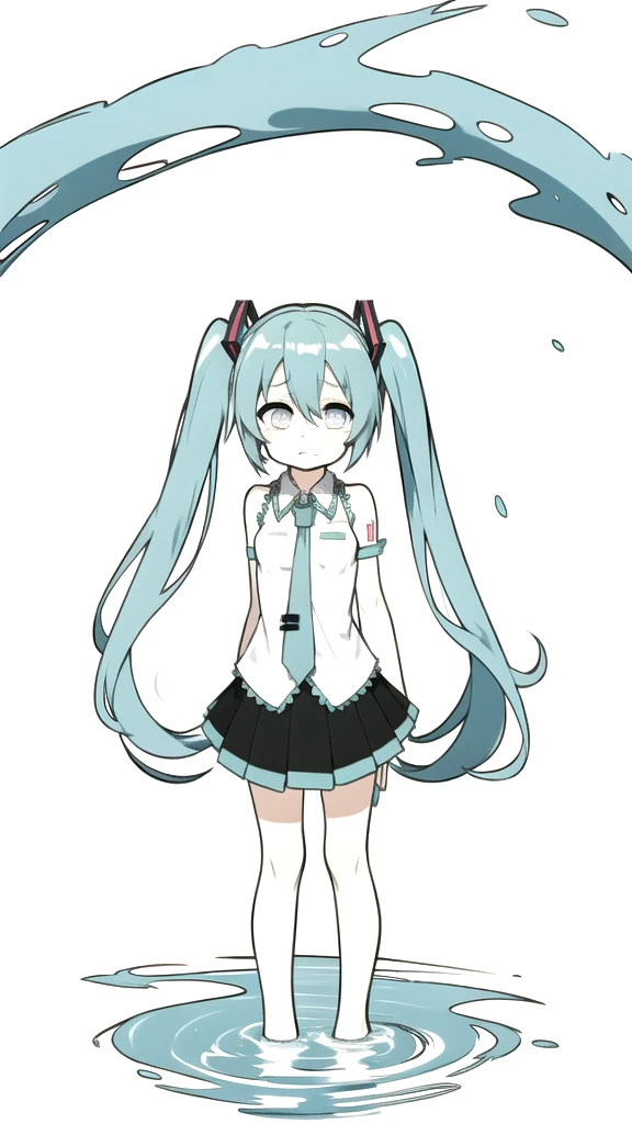 best quality, chibi, 1 girl, miku, Hatsune Miku, (full body), Pure white background,Vivid,clearly,sad face,Are crying,Swim in the water